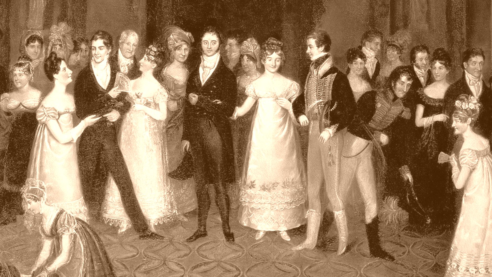 Im Freundschaftlichen Zirkel 1814 Die Garderobe - zeitgenössisches Ölgemälde von Rolinda Sharples (Ausschnitt)