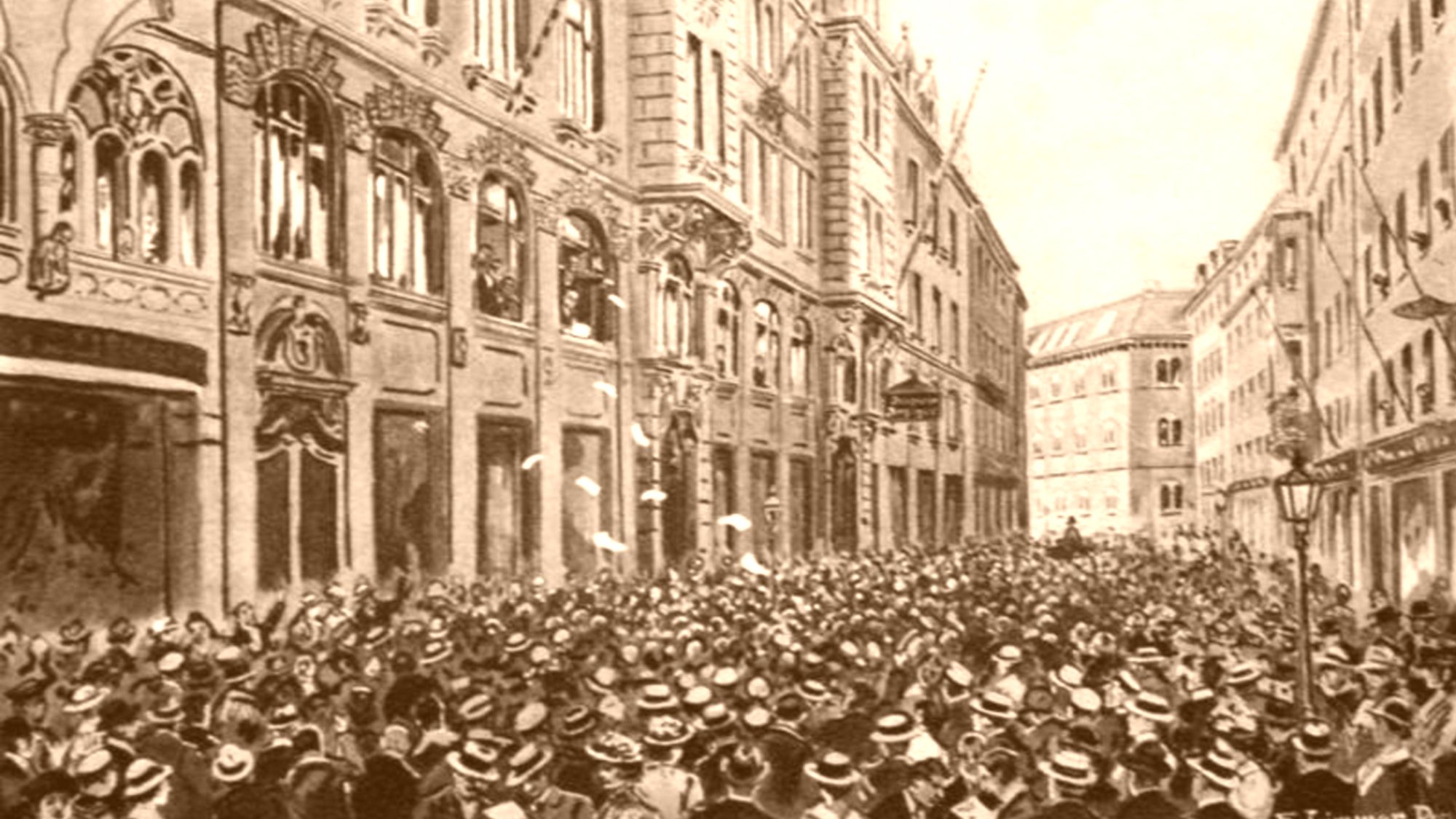 Von Feinden umzingelt Warten auf die Mobilmachung in Dresden - zeitgenössische Darstellung