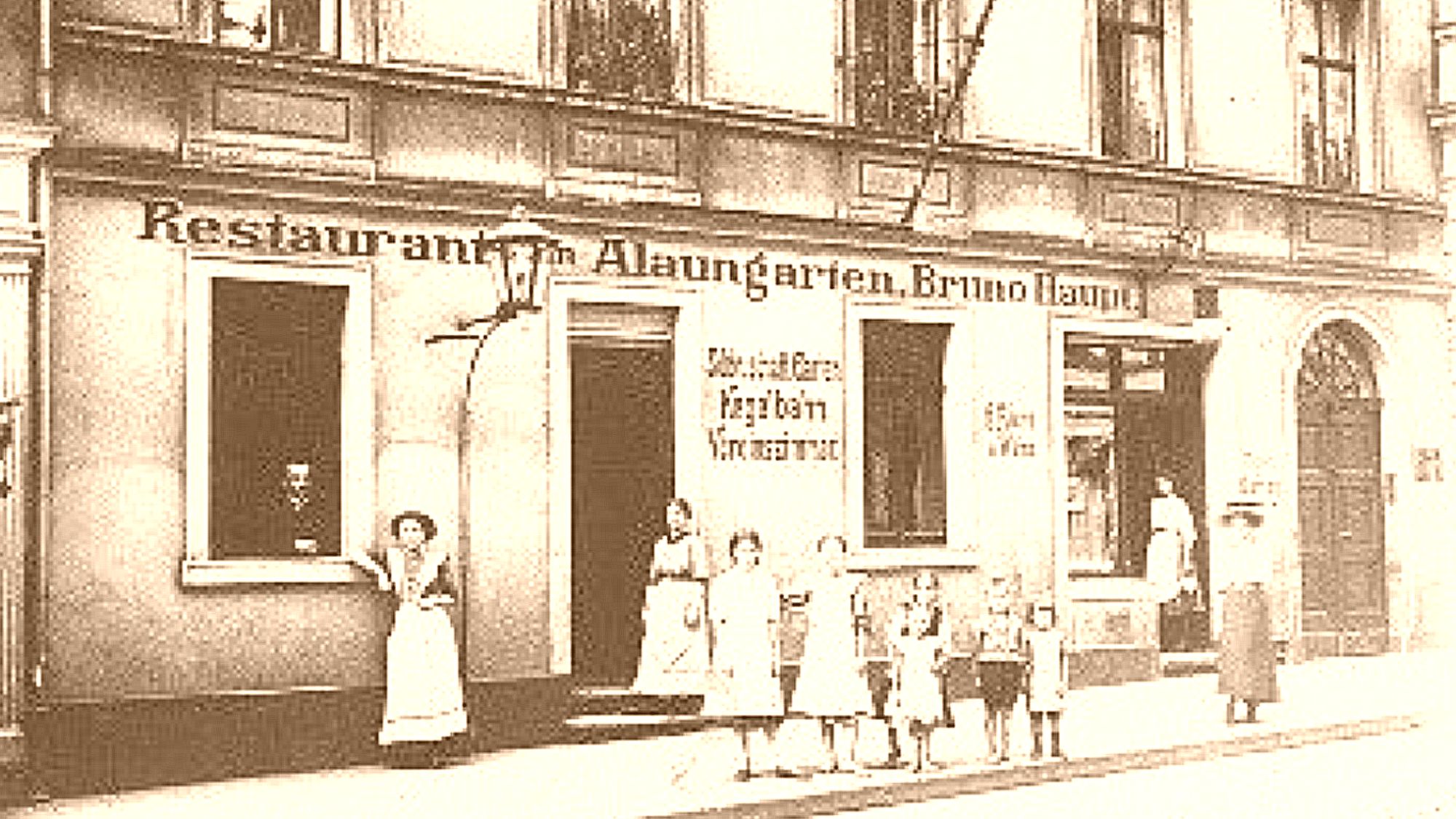 Wenn ich einmal reich wär… Restaurant "Alaungarten" in der Alaunstraße - zeitgenössische Postkarte, Ausschnitt