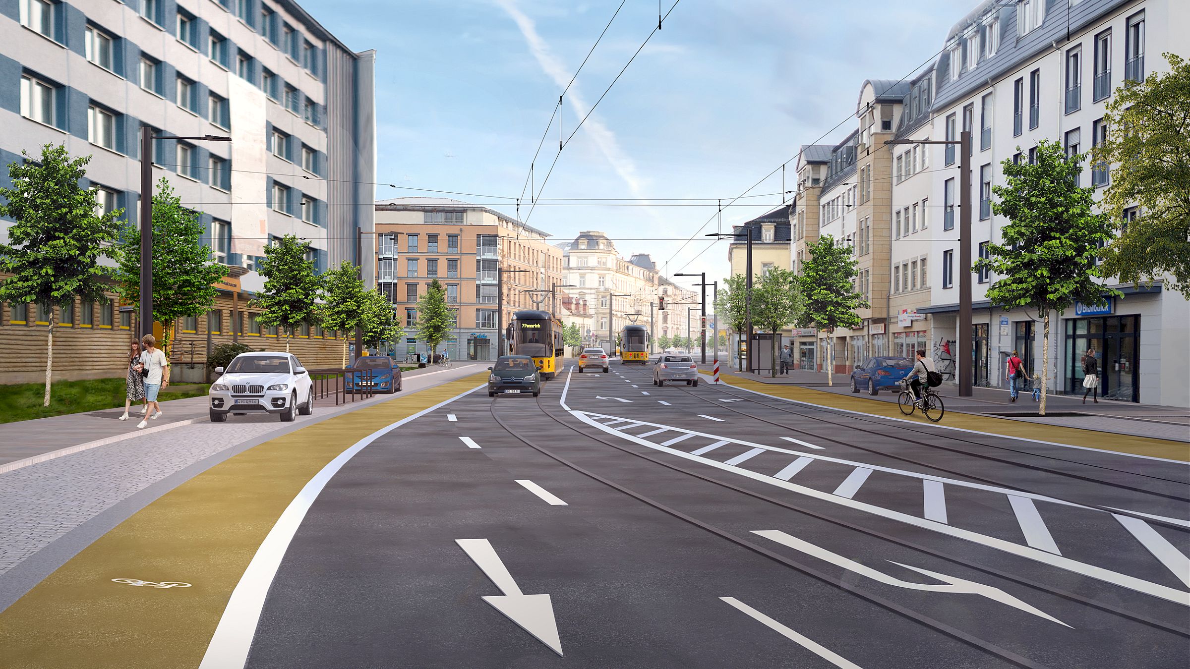 So könnte die Königsbrücker bald aussehen: stadtauswärts auf Höhe Post und Bibliothek zwischen Louisen- und Katharinenstraße – Visualisierung: Renderwerke/Landeshauptstadt Dresden