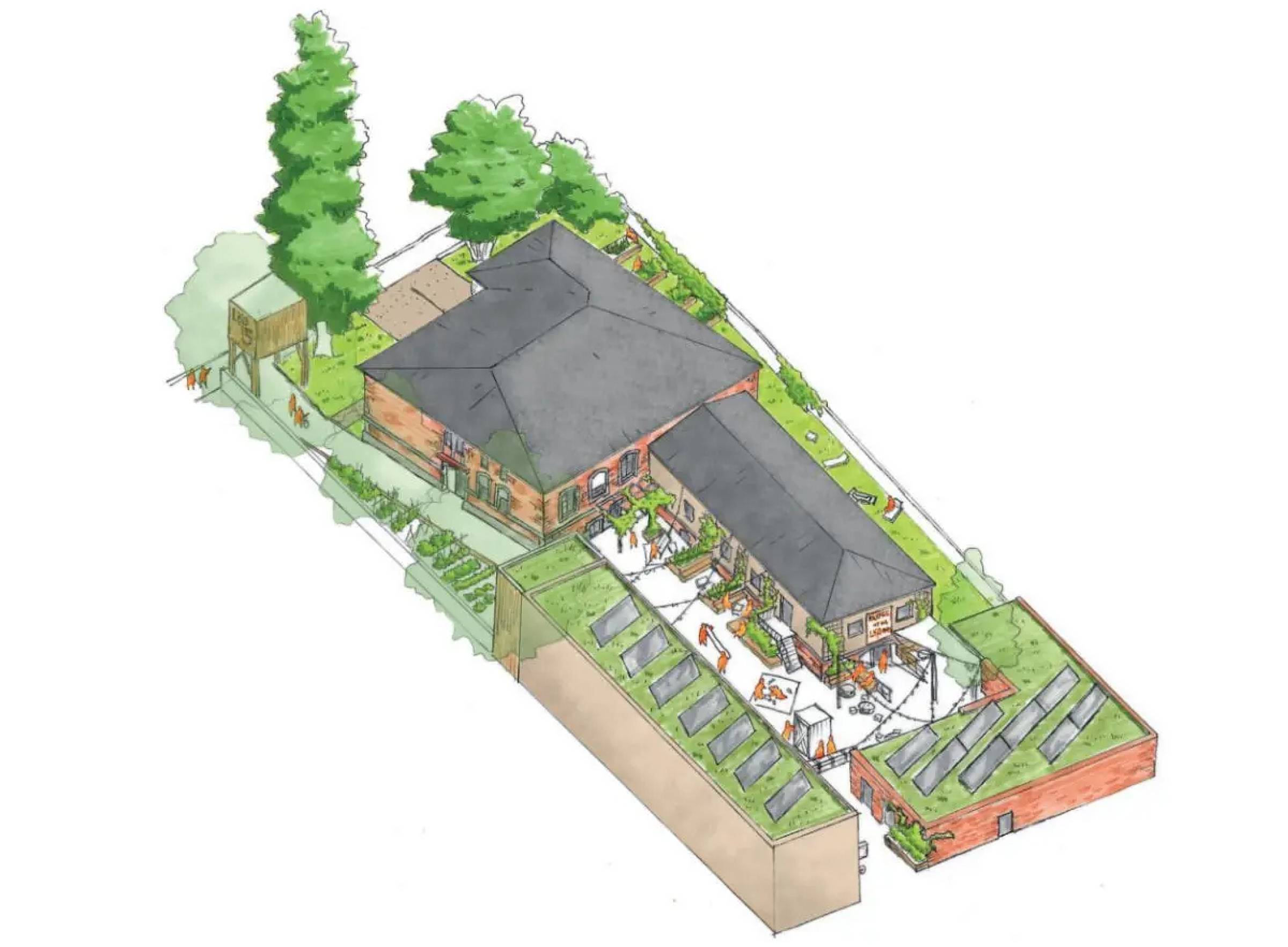 Phase 1: Nach der Sicherung des Bestands sollen Hof, Erdgeschossflächen und der Anbau schrittweise für erste Nutzungen wie Veranstaltungen, Ateliers und ein Pop-up-Café geöffnet werden – Visualisierung: Team Zirkuläres Bauen