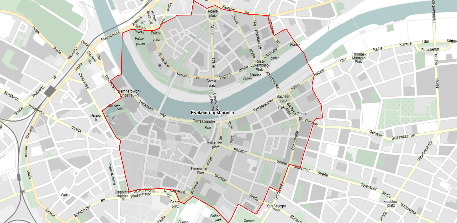 Dieser Bereich muss evakuiert werden. Karte: Stadt Dresden