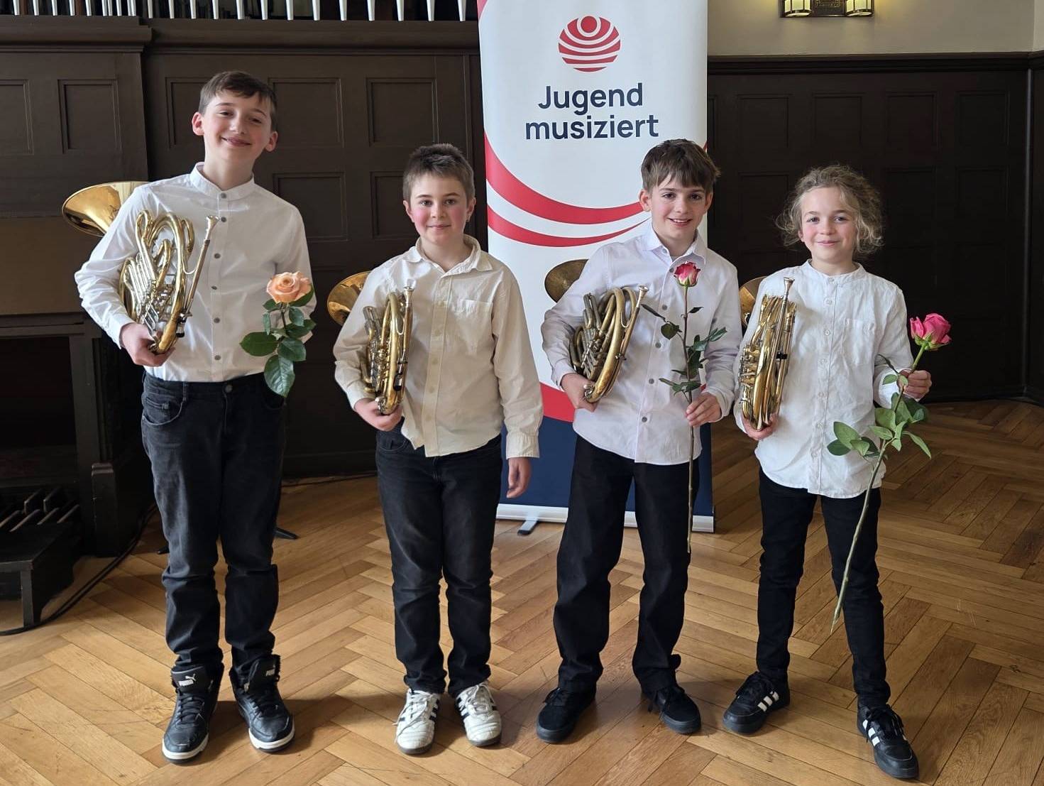 Hornquartett Altersgruppe II (11- und 12-Jährige) erhielt 24 Punkte in der Kategorie „Kammermusik für gleiche Blechblasinstrumente“ - Foto: Andreas Roth