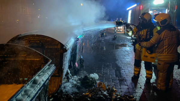 Die Feuerwehr beim Löschen dreier Mülltonnen auf dem Alaunplatz. - Foto: Florian Varga